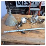 Lot of (2) Vintage Spotlights and a light in an oil funnel!
