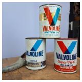 Lot of (3) Vintage Full Quart size Oil Cans Valvoline: 20w 50 SAE 30, & Heavy Duty