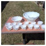 Vintage Milk White Glass Punch Bowl Set with one dozen cups, 2 bowls