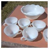 Vintage Milk White Glass Punch Bowl Set with one dozen cups, 2 bowls