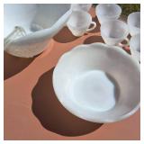 Vintage Milk White Glass Punch Bowl Set with one dozen cups, 2 bowls