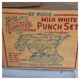 Vintage Milk White Glass Punch Bowl Set with one dozen cups, 2 bowls
