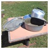 Lot of (3) Cast aluminum roast pan (handle missing) heavy duty metal tray, cake carrier
