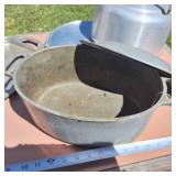 Lot of (3) Cast aluminum roast pan (handle missing) heavy duty metal tray, cake carrier