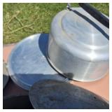 Lot of (3) Cast aluminum roast pan (handle missing) heavy duty metal tray, cake carrier