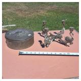 4 Candlestick Swan Centerpiece and Unique metal Muskie tin