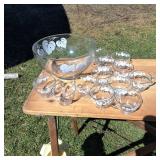Large lot of 12 glass cups with matching punch bowl