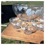 Large lot of 12 glass cups with matching punch bowl