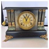 Vintage Ornate Mantel Alarm Clock with Key - Real Wood
