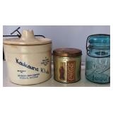 Lot of (3) Vintage Containers: Coke Tin, Blue Glass Ball Ideal (w/glass lid) and Old Kaukauna Cheese Crock