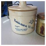 Lot of (3) Vintage Containers: Coke Tin, Blue Glass Ball Ideal (w/glass lid) and Old Kaukauna Cheese Crock
