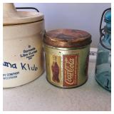 Lot of (3) Vintage Containers: Coke Tin, Blue Glass Ball Ideal (w/glass lid) and Old Kaukauna Cheese Crock