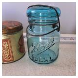 Lot of (3) Vintage Containers: Coke Tin, Blue Glass Ball Ideal (w/glass lid) and Old Kaukauna Cheese Crock