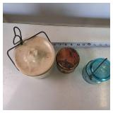Lot of (3) Vintage Containers: Coke Tin, Blue Glass Ball Ideal (w/glass lid) and Old Kaukauna Cheese Crock