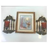 Framed Duck Print from 1982 and a set of faux wood wall hanging candle holders