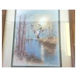 Framed Duck Print from 1982 and a set of faux wood wall hanging candle holders