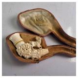 Ornate hand carved vintage pipe -  handmade meerschaum tobacco pipe featuring intricate relief carving of a deer or stag.