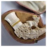 Ornate hand carved vintage pipe -  handmade meerschaum tobacco pipe featuring intricate relief carving of a deer or stag.