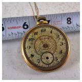 New Haven compensated pocket watch features a weathered geometric face and a gold-tone case