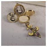 Vintage Victorian Enamel pocketwatch locket - 4 photos - hidden compartment - Antique Fleur de lis Brooch