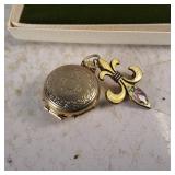 Vintage Victorian Enamel pocketwatch locket - 4 photos - hidden compartment - Antique Fleur de lis Brooch