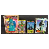 Vintage Tin Wind-Up Robots Robot With Wheels, Shooting Giant, Robby & Spark Robot (Lot of 4)