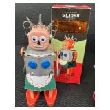 Noteworthy Lot of 5 Wind-Up Robot Mixed Lot (St. John, Neutron, Space Explorer, Mr. Atomic)