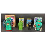 Vintage Tin Wind-Up Robots Robot With Wheels, Shooting Giant, Robby & Spark Robot (Lot of 4)