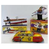 Vintage Tin Wind-Up Toys Schylling Felix the Cat Speedboat, Cowboy & City Cab (Lot of 3)