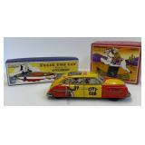 Vintage Tin Wind-Up Toys Schylling Felix the Cat Speedboat, Cowboy & City Cab (Lot of 3)