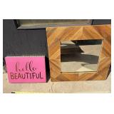 Parquet Wood Square Mirror & Pink 