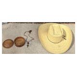 Straw Hat, Round Handmade Carved Bowl & Tooth Pendant Necklace *S