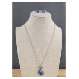Paw Print Necklace & Earrings Set Blue Silver - Brand New