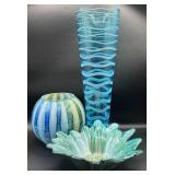 Beautiful Blue Handblown Glass Collection of Venetian Glass Vase 15.75", Striped Rose Bowl 6" H and Turkish Luster Glass Bowl 9" W