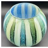 Beautiful Blue Handblown Glass Collection of Venetian Glass Vase 15.75", Striped Rose Bowl 6" H and Turkish Luster Glass Bowl 9" W