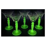 Vintage Green Uranium Glass Flower Etched Braided Stem Cocktail Glasses -Set of 5