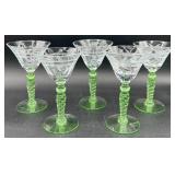 Vintage Green Uranium Glass Flower Etched Braided Stem Cocktail Glasses -Set of 5