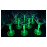 Vintage Green Uranium Glass Flower Etched Braided Stem Champagne/Tall Sherbet Glasses -Set of 8 - 5.75" H