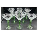 Vintage Green Uranium Glass Flower Etched Braided Stem Champagne/Tall Sherbet Glasses -Set of 8 - 5.75" H