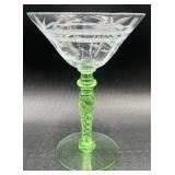 Vintage Green Uranium Glass Flower Etched Braided Stem Champagne/Tall Sherbet Glasses -Set of 8 - 5.75" H