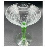 Vintage Green Uranium Glass Flower Etched Braided Stem Champagne/Tall Sherbet Glasses -Set of 8 - 5.75" H