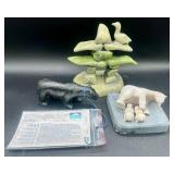 Hand Sculpted Inuit Eskimo Native American & Ultima Thula Greenland Carving of Bears and Stacked Stone with Jade and Nephrite