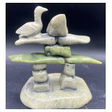 Hand Sculpted Inuit Eskimo Native American & Ultima Thula Greenland Carving of Bears and Stacked Stone with Jade and Nephrite