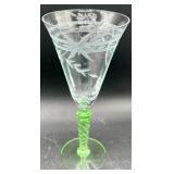 Uranium Glass Floral Etched Tall Wine Glasses - Set of 7