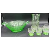 Vintage Uranium Glass Collection of Double Handled Woven Basket, Tumbler, and 6 Cordial Glasses