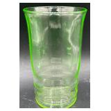 Vintage Uranium Glass Collection of Double Handled Woven Basket, Tumbler, and 6 Cordial Glasses