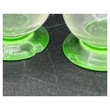 Vintage Uranium Glass Collection of Double Handled Woven Basket, Tumbler, and 6 Cordial Glasses
