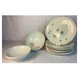 8 Vintage Franciscan 10.75" Atomic Starburst Dinner Plates & 2 Pink-A-Dilly Franciscan Whitestone Wear 8" Serving Bowls