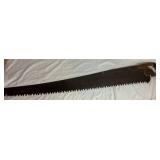 Three Antique E.C. Atkins Handsaws, 1 Disston Antique Saw, 1 Vintage 27" Disston Saw in Miter Box