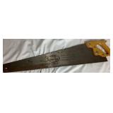 Three Antique E.C. Atkins Handsaws, 1 Disston Antique Saw, 1 Vintage 27" Disston Saw in Miter Box